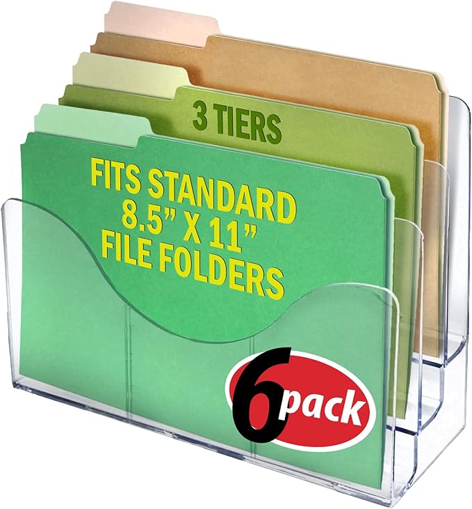 Azar Displays 250099-6PK Three Tier File and Brochure Desktop Wall Organizer Holder with Dividers brochure display stand acrylic file holder, Clear , 6-Pack