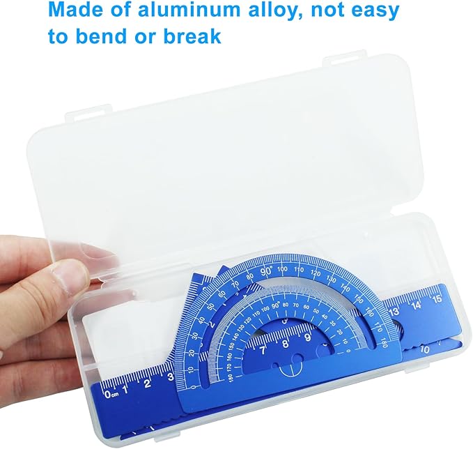 4 Pcs Triangular Ruler Set, Aluminum Alloy Geometry Tools, Metal Drafting Ruler for Students, Draftsmen, Engineers, School Office Supplies with Protractor & Metric Scales (Blue)