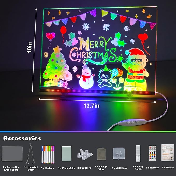 Acrylic Dry Erase Board with Light, 13.7"x10" 15 Colors LED Note Board with Remote & 366 Modes, Dimmable Light Up Message Board Desktop Memo Board, LED Drawing Board for Kids Girls Boys (Remote)