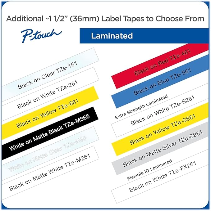 Brother P-Touch TZe-M261 Black Print on Matte White Label Tape 1.4” (36mm) Wide x 26.2’ (8m) Long