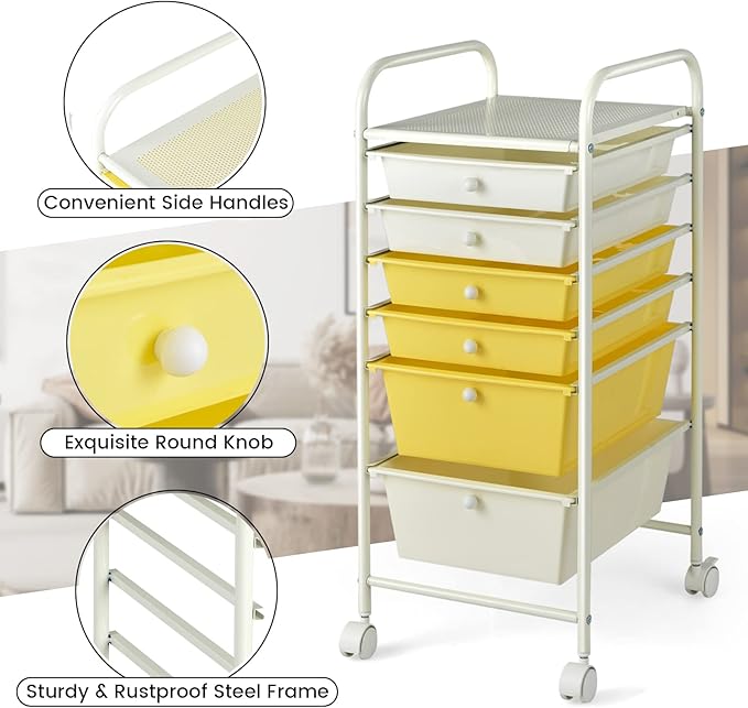 COSTWAY 6-Drawer Rolling Storage Cart, Multifunctional Art Craft Tools Organizer on Wheels, Heavy Duty Utility Mobile Storage Trolley w/ 2 Lockable Wheels for Home Office School (Yellow, Beige & Grey)