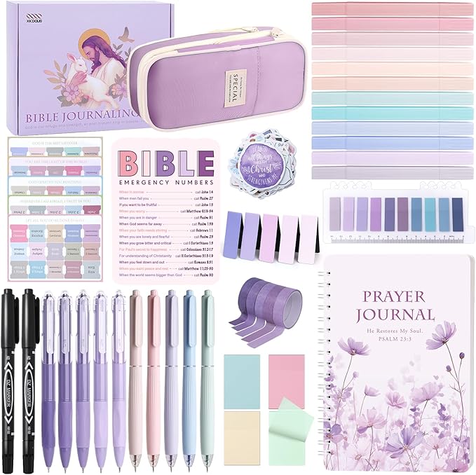 XKDOUS Bible Study Supplies Journaling Kit for Women, Bible Study Kit Journaling Supplies with Prayer Journal, Highlighters, Emergency Card, Pencil Case and More, Christian Gifts for Women, Purple