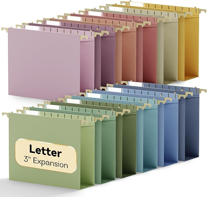 Plastic High Capacity Hanging File Folders,12 Pack Heavy Duty 3" Expanding Hang Accordian Folder Letter Size,Sturdy Filing Cabinet Folder with Tabs,Pastel Work Hanging Organizer for Bulky File