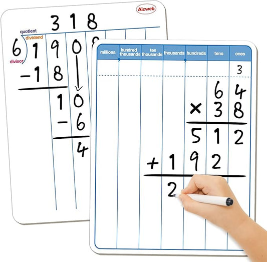 Dry Erase Long Division White Board,9 x 12 Multi-Digit Computation Double-Sided Dry Erase Board,Math Manipulatives Whiteboard for Students,Classroom and Home,Small White Board(Division)