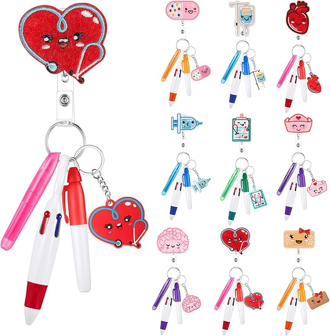 Henoyso 54 Pcs Nurse Badge Reel Pens Mini Highlighter Pens Bulk Nursing Week Appreciation Gifts Badge Accessories Retractable for Cna Medical Assistant Christmas Women (Classic)