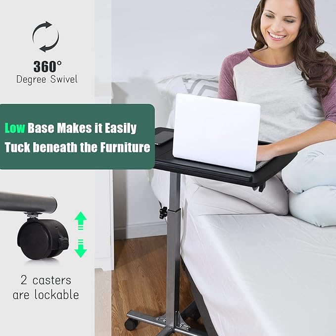COSTWAY Rolling Laptop Stand, Mobile Laptop Tray and Cart with 45 ° Degree Swivel Tilting Tabletop, Height Adjustable Mobile Podium from 24.5'' to 36'', Overbed Computer Table for Sofa, Bed