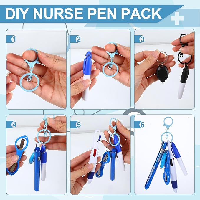 6 Pcs Nurse Pens for Badge Set,Nurse Badge Accessories with Reel Pen,Nursing Accessories Healthcare with Pens,Highlighter and Permanent Marker Pen and Led Keychain Foldable Scissors(Blue)