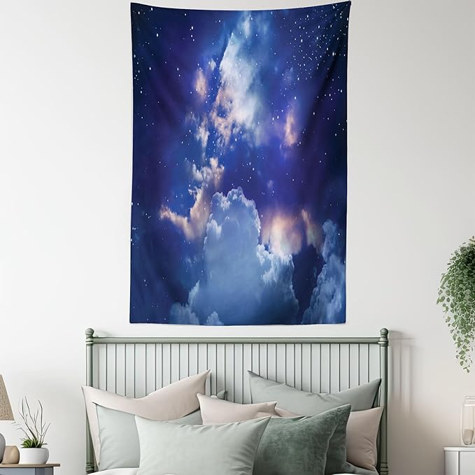 Ambesonne Space Tapestry Twin Size, Magic Sky View with Star and Clouds Celestial Colorful World Cosmic Expanse Theme, Wall Hanging Bedspread Bed Cover Wall Decor, 68" X 88", White and Blue