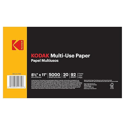 Kodak Printer Paper 8.5 x 11 | 20 lb Copy Paper 92 Bright | 10 Reams | 5,000 Sheets