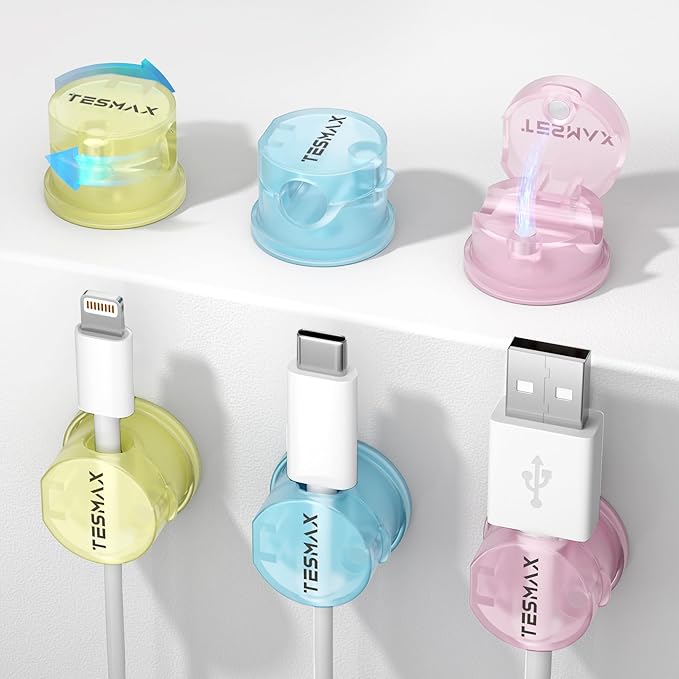 Magnetic Cable Clips 360° Rotation Cord Holder, 6Pack Cord Organizer 1s Lock Cable Smooth Adjustable Desk Organizers and Accessories, Adhesive Cord Clips for Nightstand,Phone,Wall,Car,Home Office