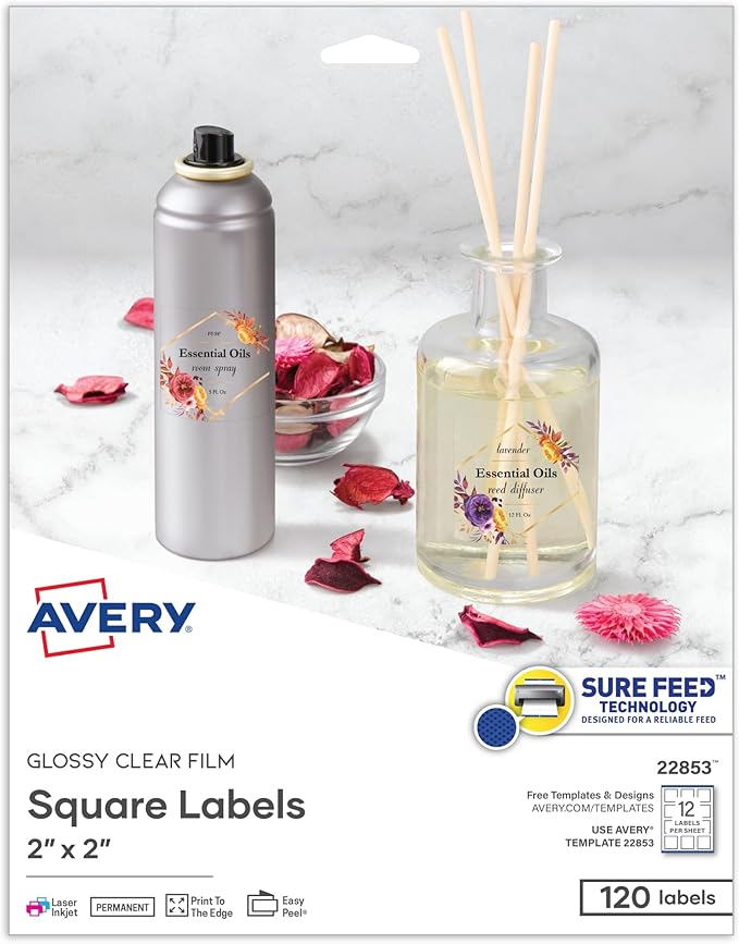Avery Printable Blank Square Labels, 2" x 2", Glossy Crystal Clear, 120 Customizable Labels (22853)