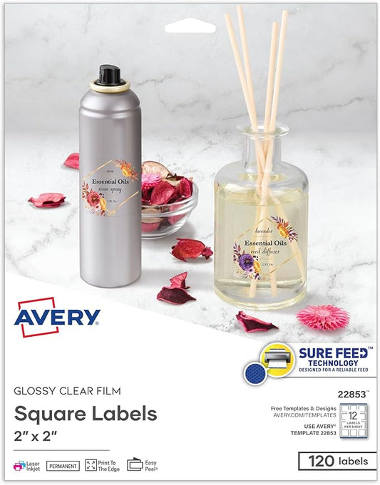 Avery Printable Blank Square Labels, 2" x 2", Glossy Crystal Clear, 120 Customizable Labels (22853)