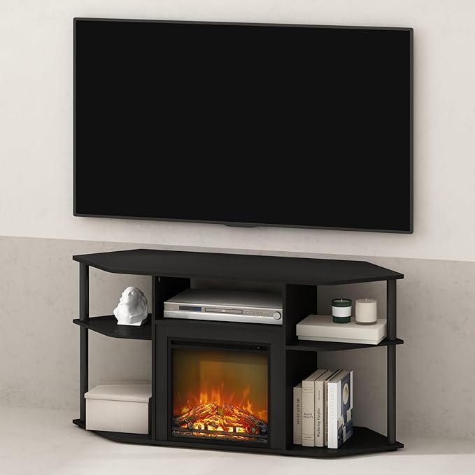 Furinno Jensen Fireplace TV Stand, NO Heat Decorative Electric Fireplace Corner Open Shelf TV Stand for TV up to 55 Inch, for Living Room, Dark Americano