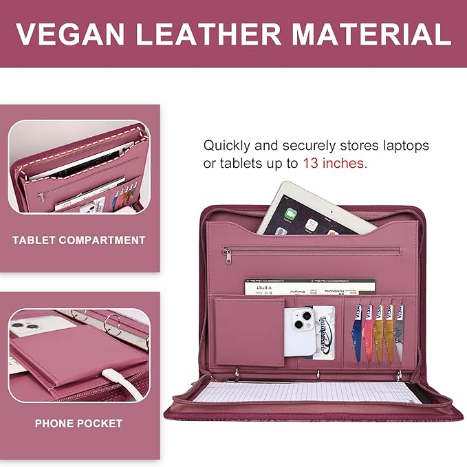 Leathario Portfolio Binder, Includes 5 Folder Index Dividers and 3 Notepads, 3-Ring Folder Organizer, Padfolio with Zipper, Vegan Leather Tablet Sleeve, Business Office Conference Clipboards