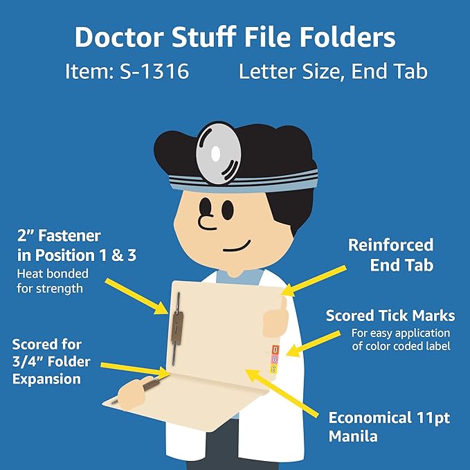 Medical File Folders with 2 Fasteners, Doctor Stuff, Letter Size, Reinforced End Tab Folders with 2” Bonded Fastener on Inside Front and Back, 11 pt Manila Stock, Box of 50