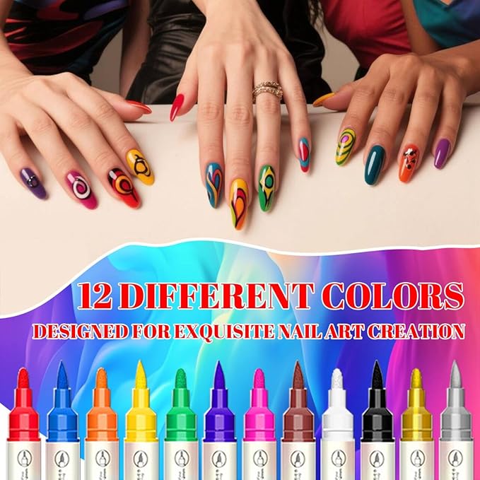 12 Colors Nail Art Pens Set, 3D Acrylic Paint Nail Pens for Nail Art Quick Dry, Waterproof, DIY Design Nail Paint Pens, Nail Art Pen for Drawing & Dotting, Nail Art Tools for Home Salon