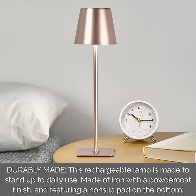 Mikasa 14.8-Inch Blush Rechargeable LED Lamp with Touch Control - Elegant Aluminum Design, 3 Light Colors, Stepless Dimming, 5000mAh Battery, Perfect for Home Office and Living Room