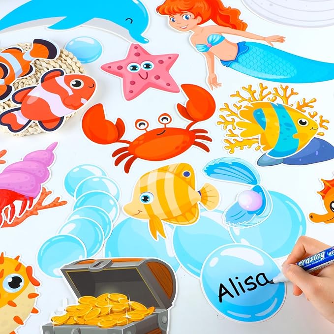gisgfim Under The Sea Bulletin Board Decoration Set Classroom Sea Animals Cutouts Borders for School Decor Ocean Theme Summer Welcome Bulletin Board Craft Door Home Wall(Our Class is Fin-Tastic)