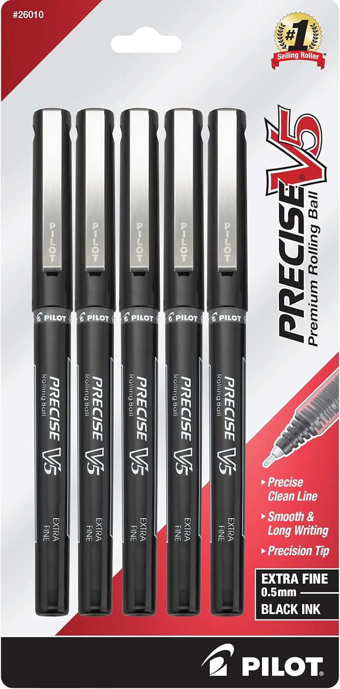 Pilot Precise V5 Rollerball Pens, Extra Fine Point 0.5 mm Black Pens, Black, Pack of 5 - Ideal for School, Journaling & Office Writing