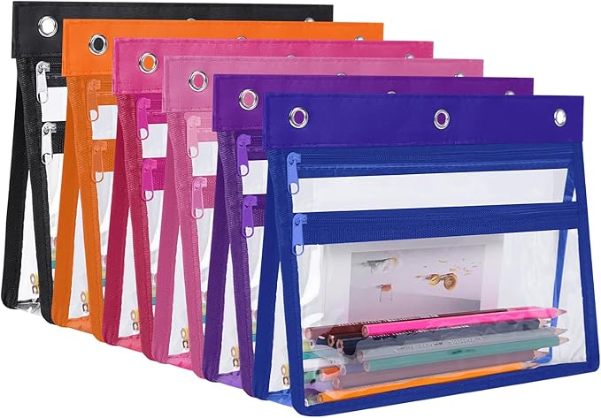 YoeeJob 6 Pack Zipper Pencil Pouches for 3 Ring Binder, 1.5 Inch Expandable with 2 Pockets and Clear Window for School and Office（Colorful）