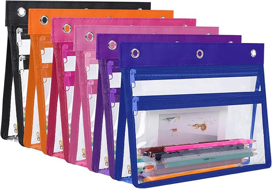 YoeeJob 6 Pack Zipper Pencil Pouches for 3 Ring Binder, 1.5 Inch Expandable with 2 Pockets and Clear Window for School and Office（Colorful）
