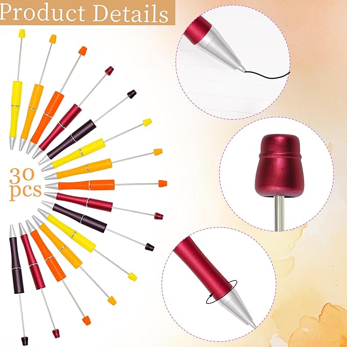 jiebor 30Pcs Fall Beadable Pens Plastic Bead Ballpoint DIY Cute Cool Pens Black Ink for Thanksgiving Day Women Men Bridal Graduation Gift Office Supplies