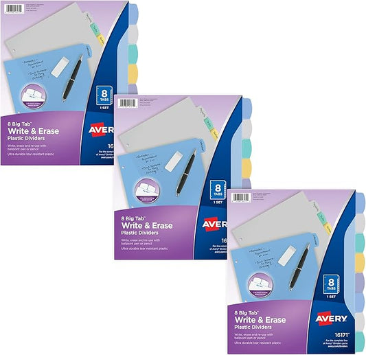 Avery Big Tab Write & Erase Durable Plastic Dividers for 3 Ring Binders, 8-Tab Sets, Pastel Colors, 3 Sets of Binder Dividers, Great for Organizing Reports, Presentations, and More (31351)