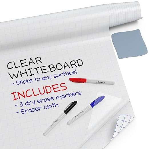 Kassa X-Large Chalkboard Wallpaper - Clear | 1.4ft x 6.5ft Adhesive Paper Roll | Includes 3 Markers & Eraser Cloth | Peel & Stick on a Wall, Table & Desk | Ideal for Use at Home, School, Office & More