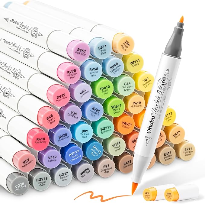 Ohuhu Alcohol Brush Markers 48 Mid-tone Colors - AP Certificated Double Tipped Alcohol Based Art Marker Set for Artist Adults Coloring Illustration - Honolulu B Brush & Fine Dual Tips - Refillable