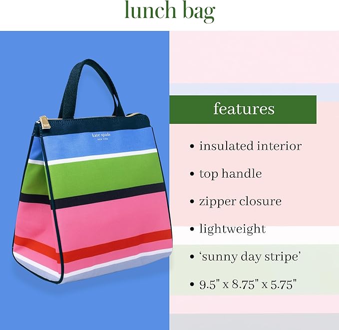 kate spade new york Cute Lunch Bag for Women, Large Capacity Lunch Tote, Adult Lunch Box with Silver Thermal Insulated Interior Lining and Storage Pocket, Sunny Day Stripe