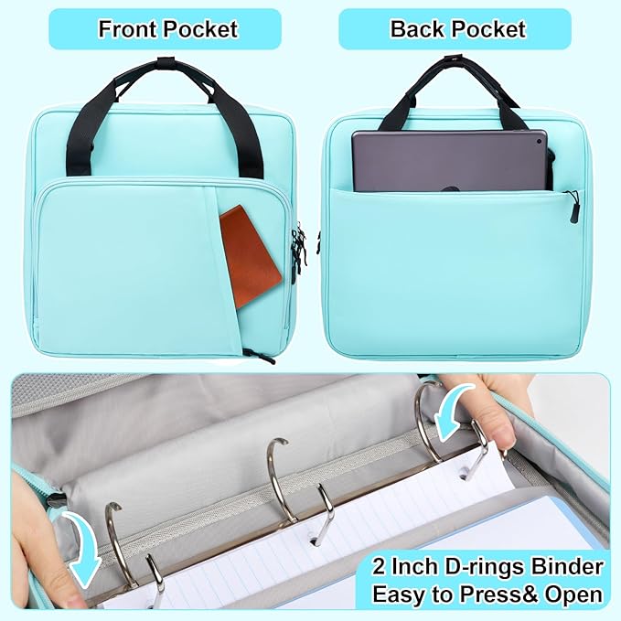 3 D-Ring Zipper Binder 2 inch with Shoulder Strap, Waterproof Oxford Binder with Zipper Storage 500 Sheets Capacity, Multi-Pockets Organizer Bag for 13 inch Laptop College Office (Blue)