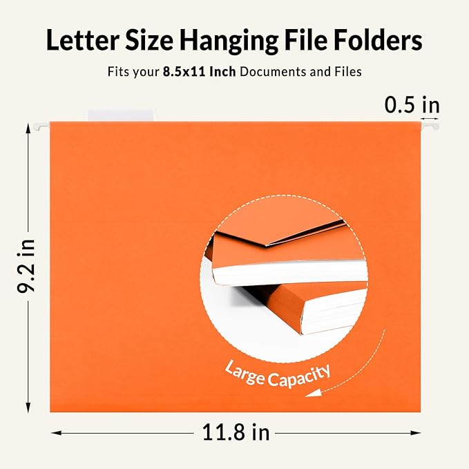 SUNEE Hanging File Folders, 25 Pack Letter Size Hanging File Folders with 1/5-Cut Tabs, Ideal for Home and Office Organization and Papers Classification,Orange