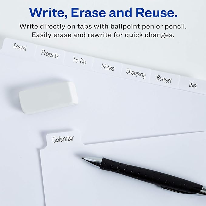 Avery 8-Tab Binder Dividers, Write & Erase White Big Tabs, 1 Set (23078)