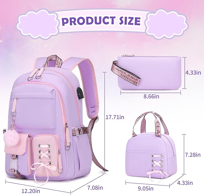Backpacks for Girls, Girls Backpack with Lunch Box and Pencil Case for Teen Kids Elementary Middle High School College Student, Children Backpack Bookbag with USB Charging Port (Pink Purple)