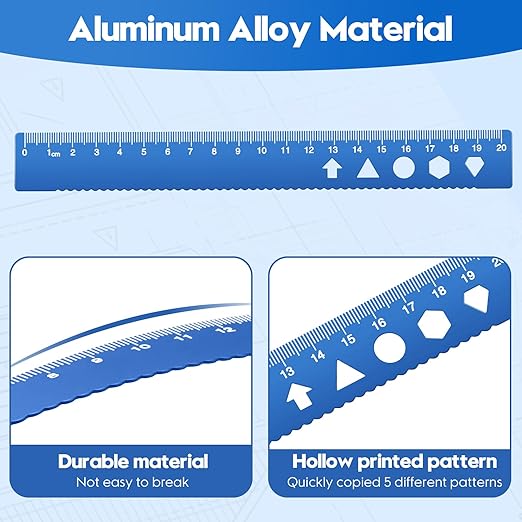 MSDADA Triangle Ruler, Protractor, Square and Ruler Set, 4 Pieces Aluminum Alloy Ruler, Metal Drafting Ruler Kit, Geometric Protractor for Student, School, Home, Office (Blue,20cm/7.87inch)