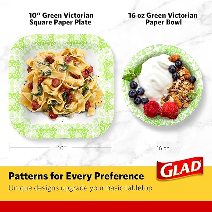 Glad Round Disposable Paper Bowls, Green Victorian Design - Heavy Duty, Soak Proof, Cut-Resistant, Microwavable Bowl for All Foods & Daily Use, 16 Oz, 15 Count - 2 Pack