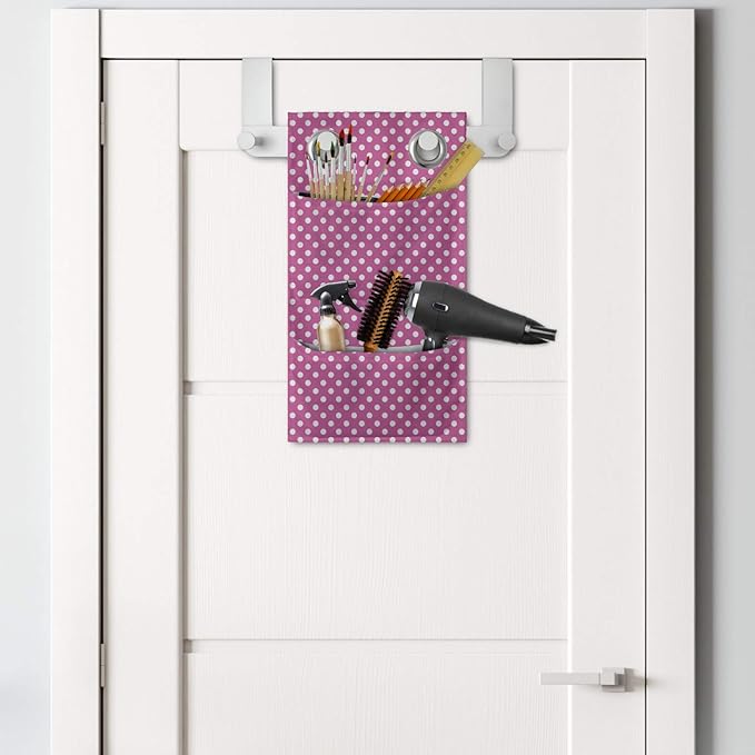 Ambesonne Pink Polka Dots Hanging Pocket Organizer, Rose Background with Mini Geometric Details Adjacently Victorian Design, Printed Polyester Storage Bag with Pockets, 9" x 16", Pink and White