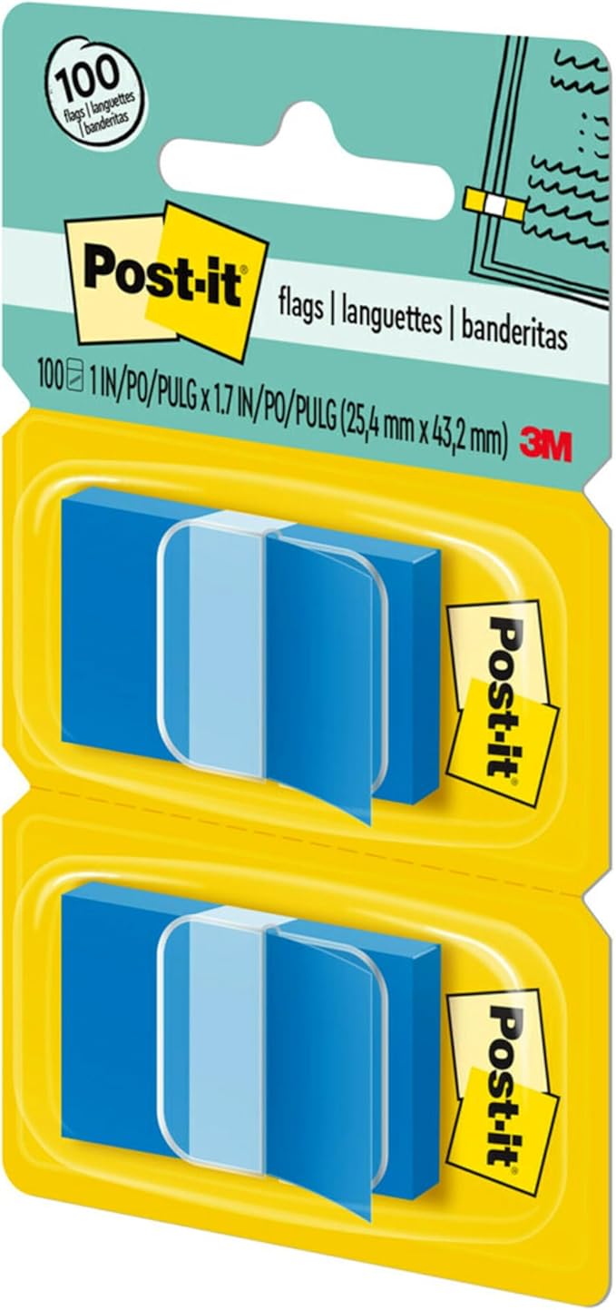 Post-it Flags, 1 in. x 1.7 in., Two Dispensers with 50-Count Bright Blue Sticky Tabs Per Dispenser (100 Flags Total), Removable Page Markers for Planners, Journals, and Calendars
