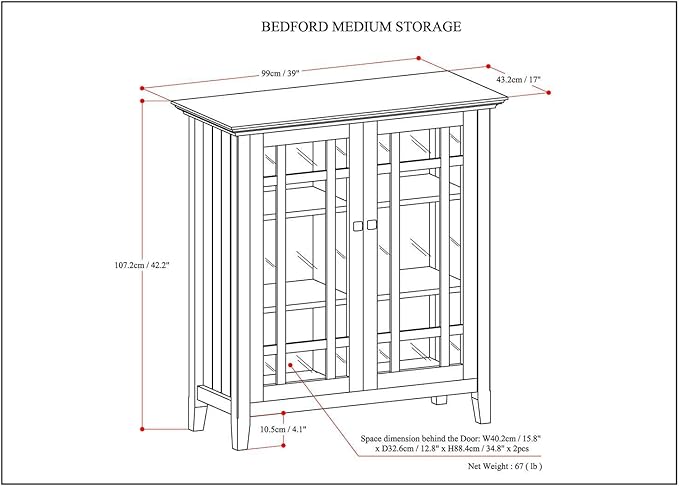 SIMPLIHOME Bedford Storage Cabinet - 39 inch Wide Solid Wood Medium Cabinet in Dark Tobacco Brown, Transitional Console for Living Room, Entryway, or Dining Room with Glass Doors and Shelves