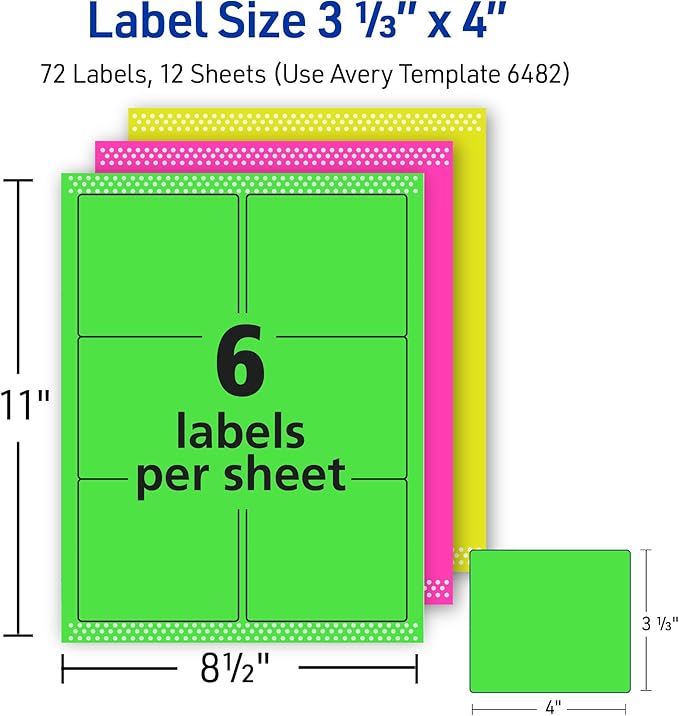 Avery Printable Labels with Sure Feed, 3-1/3" x 4", Assorted Neon Colors (Green, Magenta, and Yellow), Removable Adhesive, Laser & Inkjet Compatible, 72 Blank Labels Total (6482)
