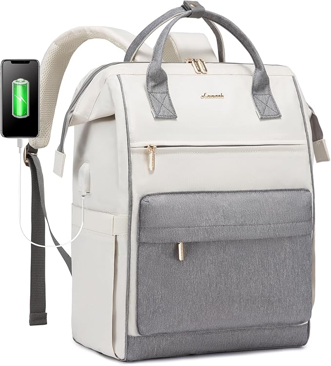 LOVEVOOK Laptop Backpack for Women, 17 Inch Work Teacher Nurse Bag, Large Capacity Business Computer Backpack Purse with USB Port, Stylish Casual Daypack for Travel,Beige&Grey