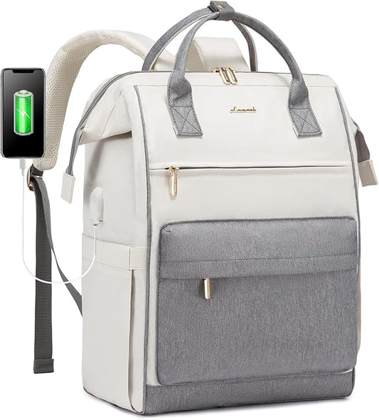 LOVEVOOK Laptop Backpack for Women, 17 Inch Work Teacher Nurse Bag, Large Capacity Business Computer Backpack Purse with USB Port, Stylish Casual Daypack for Travel,Beige&Grey