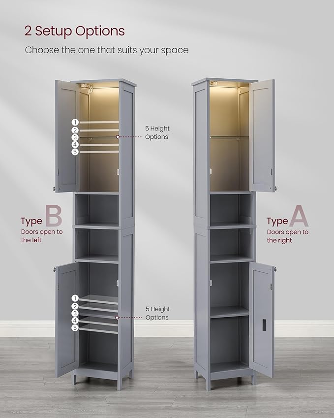 VASAGLE Tall Storage Cabinet with Lights, Slim Freestanding Cabinet with Adjustable Shelves, for Small Spaces, Bathroom, Living Room, Modern, 11.8 Inches Wide, Dove Gray UBBC566G02