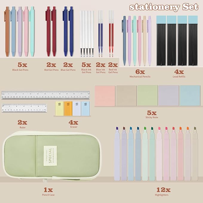 52 Aesthetic School Supplies with Cute Pen Case,5 Black, 2Blue,2 Red Ink Gel Pens,12inch and 6inch rulers,6 Mechanical Pencils for Students Stationary College Essentials