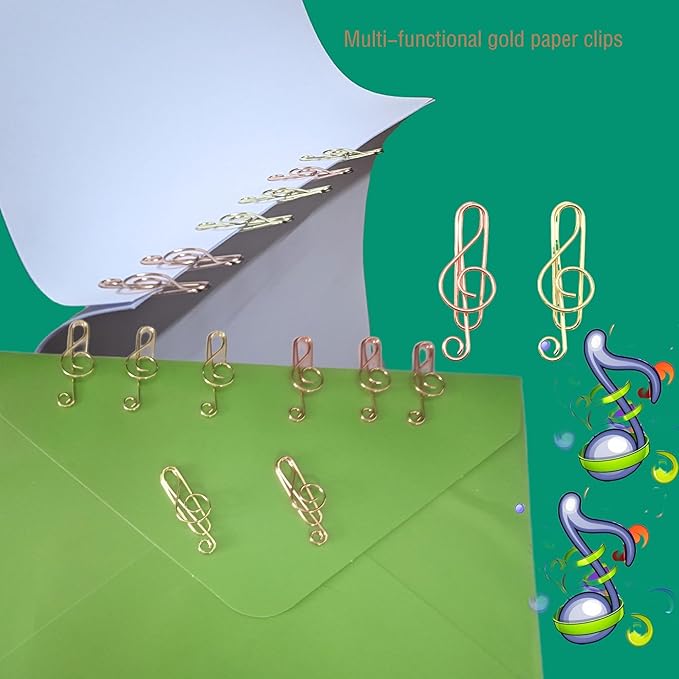 40 Pcs Note-Shaped Paper Clips - Fun Metal Paperclips Perfect for Office, School, Home File Organization, Wedding, Party Decorations, and DIY Crafts (Gold, Rose Gold)
