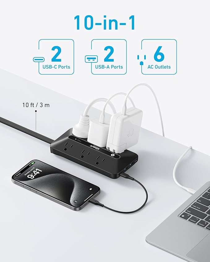 Anker Power Strip with 300J Surge Protector, Flat Plug Extension Cord with Multiple Outlets, 6 AC, 2 USB A & 2 USB C Ports for 20W, 10ft Outlet Extender, Dorm Room Essentials, Home Office