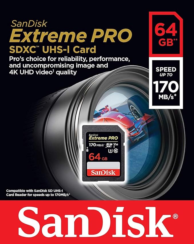 SanDisk Extreme Pro 64GB Memory Card Works with Nikon D5300, D850, D3300, A900, D3400 DSLR Camera SDXC 4K Bundle with (1) Everything But Stromboli 3.0 SD/Micro Reader