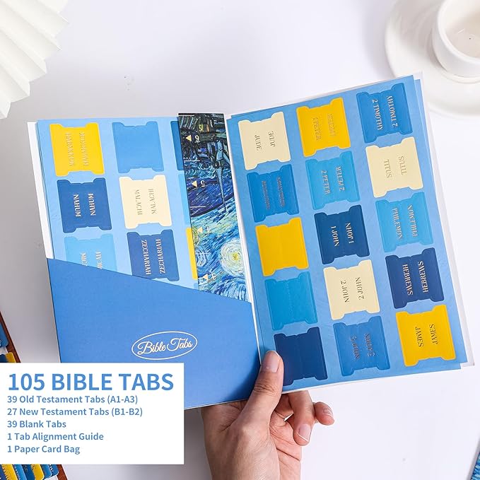 Starry Night Bible Tabs, Van Gogh Inspired 105 Pcs Gold Foil Index Tabs with Ruler - 66 Books & 39 Blank DIY Stickers, Bible Journaling Supplies, Artistic Bible Accessories Gift Set for Women and Men