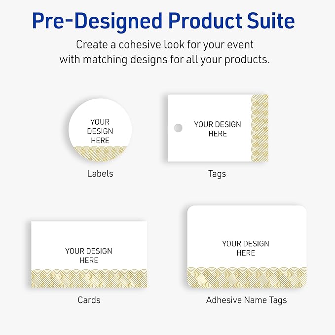 Avery Printable Rectangle Adhesive Name Badges, Pre-Printed Gold Lace Trim Pattern, Matte White, 2-1/3" x 3-3/8", Laser & Inkjet Compatible, 80 Total, Great for Branding, Marketing, and Events