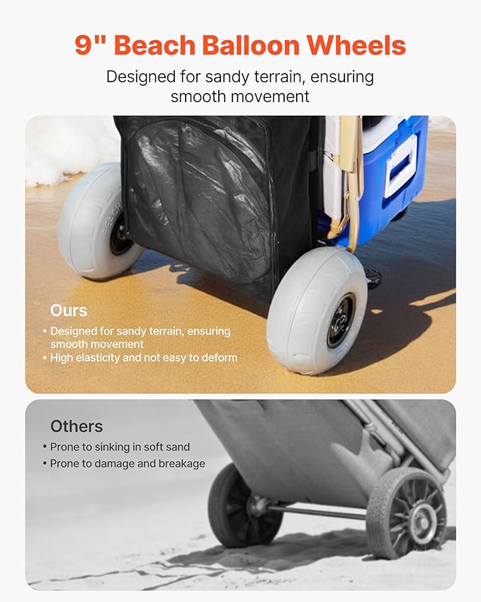 VEVOR Beach Dolly with Big Wheels for Sand, 20.1" x 14.6" Cargo Deck, w/ 9" Balloon Wheels, 165LBS Loading Capacity Folding Sand Cart & 27.2" to 44.9" Adjustable Height, Heavy Duty Cart for Beach